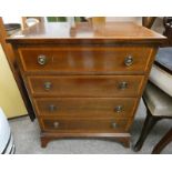 MAHOGANY CHEST OF 4 DRAWERS WITH DECORATIVE CROSSBANDING & BRACKET SUPPORTS,