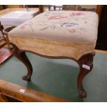 19TH CENTURY MAHOGANY STOOL WITH FLORAL TAPESTRY TOP ON CABRIOLE SUPPORTS.