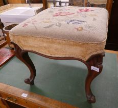 19TH CENTURY MAHOGANY STOOL WITH FLORAL TAPESTRY TOP ON CABRIOLE SUPPORTS.