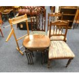 PAIR OF MAHOGANY CHAIRS ON TURNED SUPPORTS, NEST OF 3 MAHOGANY TABLES,