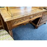 19TH CENTURY CARVED OAK HALL TABLE WITH SINGLE DRAWER WITH LION MASK HANDLE ON BOBBIN SUPPORTS,