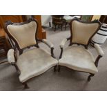 2 LATE 19TH CENTURY MAHOGANY ARM CHAIRS WITH DECORATIVE CARVING & SHAPED SUPPORTS.