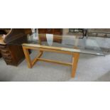 21ST CENTURY OAK RECTANGULAR DINING TABLE WITH GLASS TOP 75 CM TALL X 200 CM LONG X 90 CM WIDE