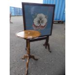 MAHOGANY FRAMED FOLDING FIRE SCREEN TABLE WITH FLORAL TAPESTRY TOP & OAK CIRCULAR OCCASIONAL TABLE