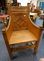 20TH CENTURY CARVED OAK ALTAR CHAIR ON SQUARE SUPPORTS LABELLED M.R.L.S.