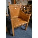 20TH CENTURY OAK ALTAR CHAIR ON SQUARE SUPPORT LABELLED 'TO THE GLORY OF GOD,