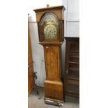 19TH CENTURY OAK LONGCASE CLOCK WITH DECORATIVE BOXWOOD INLAY AND BRASS DIAL SIGNED WALTON