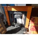 CAST IRON FIRE PLACE WITH DECORATIVE FLORAL TILE INSETS - AS FOUND AND PINE FIRE SURROUND,