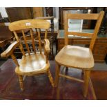 20TH CENTURY CHILD'S OAK LADDER BACK CHAIR ON TURNED SUPPORTS & CHILD'S SPINDLE BACK ARMCHAIR