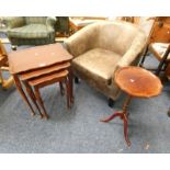 BROWN LEATHERETTE TUB CHAIR, NEST OF 3 MAHOGANY TABLES,