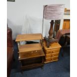 MAHOGANY TABLE LAMP, OAK MAGAZINE RACK,