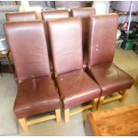 SET OF 6 BROWN LEATHER TALL BACK DINING CHAIRS ON SQUARE OAK SUPPORTS