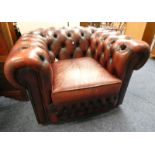 RED LEATHER OVERSTUFFED CHESTERFIELD ARMCHAIR