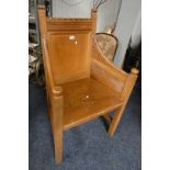 20TH CENTURY OAK ALTAR CHAIR ON SQUARE SUPPORTS LABELLED 'TO THE GLORY OF GOD,