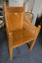 20TH CENTURY OAK ALTAR CHAIR ON SQUARE SUPPORTS LABELLED 'TO THE GLORY OF GOD,
