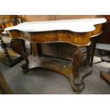 19TH CENTURY MARBLE TOPPED WALNUT CONSOLE TABLE WITH SERPENTINE TOP & SINGLE DRAWERS ON DECORATIVE