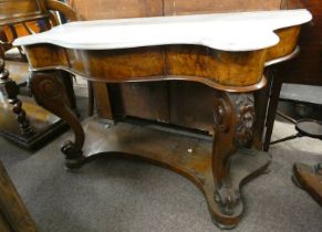 19TH CENTURY MARBLE TOPPED WALNUT CONSOLE TABLE WITH SERPENTINE TOP & SINGLE DRAWERS ON DECORATIVE