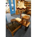 HARDWOOD SQUARE TABLE, MYER TEAK COFFEE TABLE WITH GLASS INSET TOP, NEST OF TABLES, STANDARD LAMP,