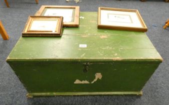 PAINTED PINE BOX WITH LIFT-UP TOP & 3 FRAMED PRINTS