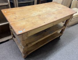PINE CENTRE TABLE WITH 2 UNDER SHELVES ON TURNED SUPPORTS,