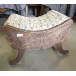 ARTS & CRAFTS OAK STOOL WITH CARVED DECORATION & SHAPED ENDS