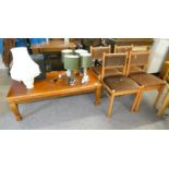 HARDWOOD RECTANGULAR COFFEE TABLE ON SQUARE REEDED SUPPORTS & SET OF 4 CHAIRS,