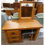 21ST CENTURY OAK DRESSING TABLE WITH MIRROR & 3 DRAWERS AND MATCHING STOOL,