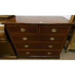 19TH CENTURY INLAID MAHOGANY CHEST OF DRAWERS WITH DECORATIVE BRASS HANDLES ON PLINTH BASE,