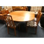 TEAK EXTENDING DINING TABLE WITH FOLD-OUT LEAF & SET OF 6 DINING CHAIRS,
