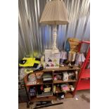 LARGE SELECTION OF TABLE LAMPS, VARIOUS COVERS, YELLOW WHITE & BLACK WORK OVERALLS, FISHING ROD,