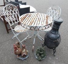 WROUGHT IRON CIRCULAR TABLE & 2 CHAIRS, ORNAMENT OF HENS,