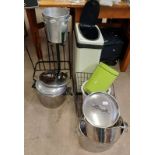 VARIOUS POTS, CHAMPAGNE BUCKET, BINS, METAL STAND,