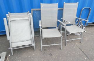 6 GREY METAL FOLDING GARDEN SEATS & GLASS TOPPED TABLE