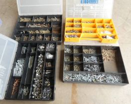 4 CASES WITH VARIOUS SIZED SCREWS, NAILS, BOLTS,