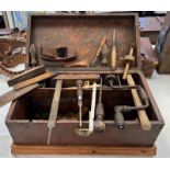 LARGE WOODEN TOOL BOX WITH CONTENTS OF TOOLS TO INCLUDE BRACE, FILES, SCRIBE ETC.