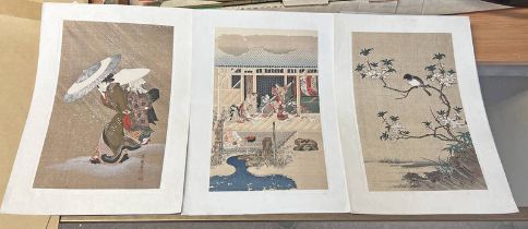 3 JAPANESE BLOCK PRINTS, MOTONOBU KANO, BIRDS, FUJIMARO KITAGAWA,