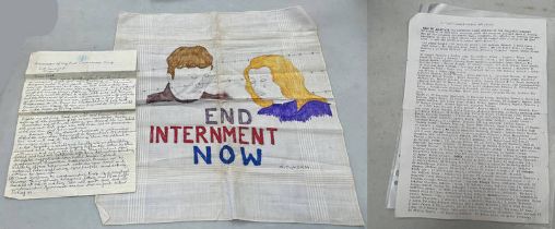 END INTERNMENT NOW TEA TOWEL BY LEO COYLE AND MARKED LK 34 ALONG WITH A HAND WRITTEN LETTER HEADED