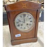 INLAID MAHOGANY MANTLE CLOCK WITH SILVERED DIAL & BRASS WORKS
