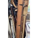 WOODEN ROD BOX WITH MARKINGS, VARIOUS CANE & OTHER FISHING RODS TO INCLUDE SHARPE SCOTTIE ABERDEEN,