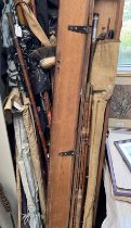 WOODEN ROD BOX WITH MARKINGS, VARIOUS CANE & OTHER FISHING RODS TO INCLUDE SHARPE SCOTTIE ABERDEEN,