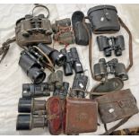 11 PAIRS OF BINOCULARS TO INCLUDE A PAIR OF WW1 ERA 'THE VICTOR' PARIS BINOCULARS IN LEATHER CASE,
