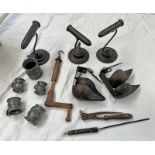 BULLET MOULD, GOFFERING IRONS, CRUISE OIL LAMP, PEWTER TANKARDS ETC.