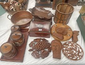 INLAID BOX, METAL BOUND BASKET, CARVED WOODEN FIGURES, CARVED WOOD DISH, COPPER POT ETC.