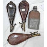 HIP FLASK AND THREE SHOT / POWDER FLASKS WITH LEATHER BODIES,