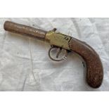 19TH CENTURY PERCUSSION POCKET PISTOL WITH BLUED STEEL BARREL - 7CM BIRMINGHAM PROOF MARKS.