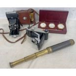 THREE DRAW BRASS AND LEATHER TELESCOPE, KERSHAW EIGHT - 20 PENGUIN CAMERA,