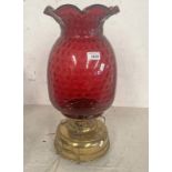 PARAFFIN LAMP CONVERTED TO ELECTRICITY WITH CRANBERRY GLASS SHADE,