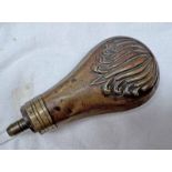 PISTOL POWDER / SHOT FLASK OF BRASS AND COPPER CONSTRUCTION WITH DESIGN EMBOSSED TO BOTH SIDES OF