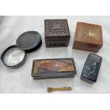 HORN BODIED MAGNIFYING GLASS, HORN SNUFF BOX, SNUFF SPOON,