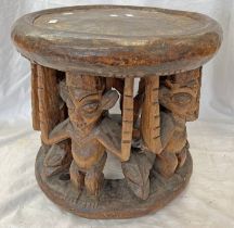 YORUBU CARVED WOODEN STOOL BODY WITH MALE FIGURES,